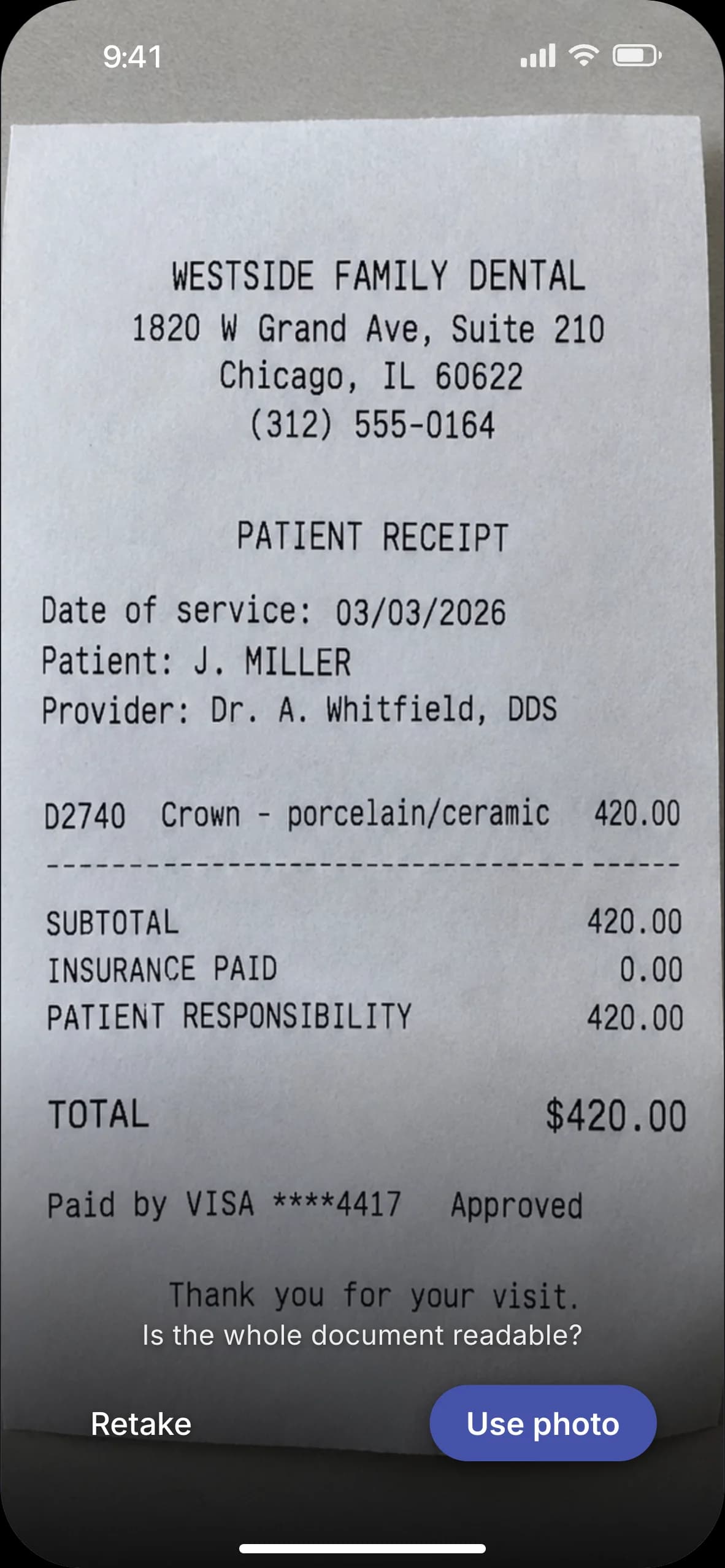 A photo of the receipt